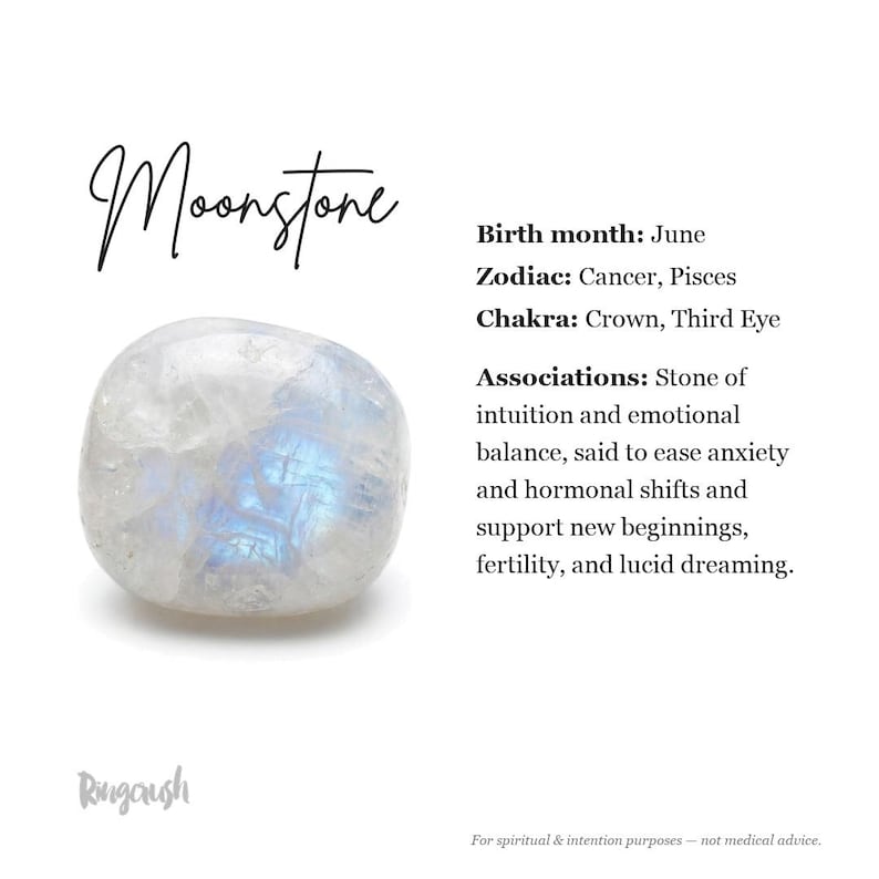 Ringcrush moonstone stone card with a milky white stone showing blue flash, June birthstone, Cancer and Pisces