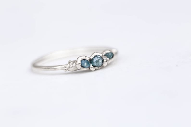 Delicate Minimalist Ring Raw Gemstone Ring April Birthstone Silver Ring Dainty Ring Boho Ring Triple Raw Blue Diamond Ring for Women