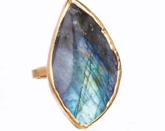 Statement Raw Labradorite Ring • Chunky Gemstone Statement Jewelry • Gold Filled •  Whimsigoth Style • 24k Dip • Handmade