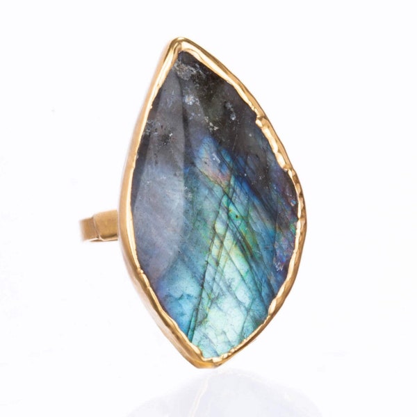 Statement Raw Labradorite Ring • Chunky Gemstone Statement Jewelry • Gold Filled •  Whimsigoth Style • 24k Dip • Handmade