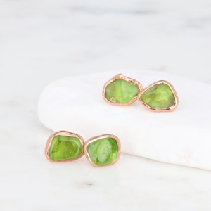 Raw Peridot Stud Earrings - 18k Rose Gold Filled Rose gold