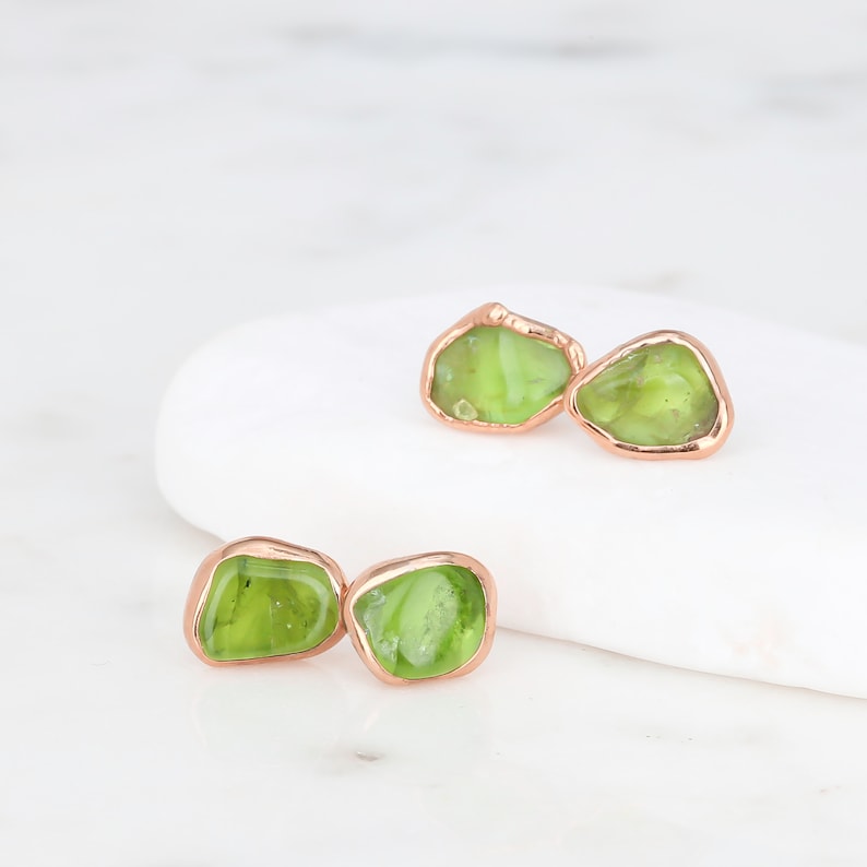 Raw Peridot Stud Earrings - 18k Rose Gold Filled Rose gold