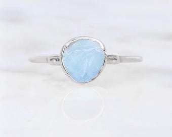 Dainty Raw Aquamarine Ring for Women, Sterling Silver, Dainty Delicate Ring, March Birthstone, Gift for Her, Raw Gemstone Ring • Handmade