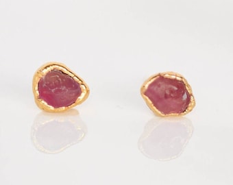 Mini Raw Ruby Earrings • Gold Filled • July Birthstone • Unique Minimalist Gift • Tiny Dainty Gemstone Studs • Whimsigoth Style • 24k Dip