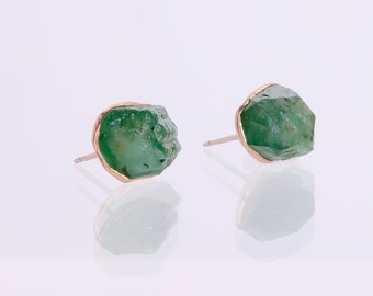 Raw Emerald Earrings • Rose Gold Studs • May Birthstone • Raw Crystal Earrings • Genuine Natural Emerald • Antique Style Handmade Jewelry