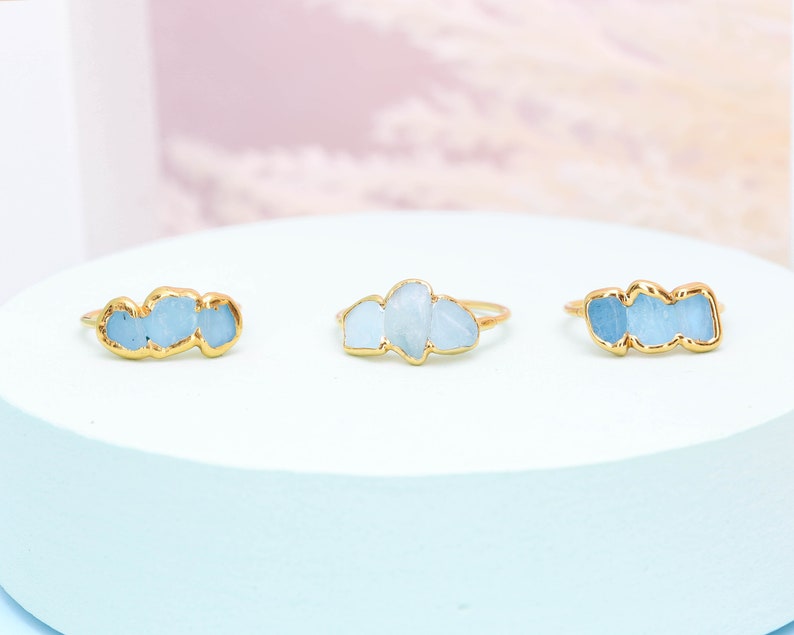 Triple Raw Aquamarine Ring, 24k Gold Dipped, Raw Three Stone Ring, Stackable March Birthstone, Unique Handmade Raw Gemstone Gifts 24k Dip image 2