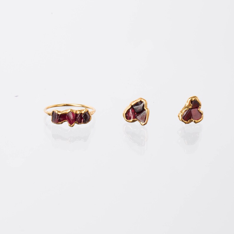 Wildflower Raw Garnet Cluster Earrings Gold Fill Red Gemstone Witchy Vampire Jewelry Halloween Studs for Fall January Birthstone image 3