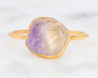 Raw Ametrine Ring • Gold Statement Rings • Natural Bi Colored Amethyst and Citrine Fusion • Indie Raw Gemstone • Crown Chakra • by Ringcrush
