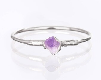 Dainty Raw Amethyst Ring, Sterling Silver Ring, Minimalist Ring, Raw Stone Ring, Raw Crystal Ring, Delicate Ring, Gemstone Ring, Boho