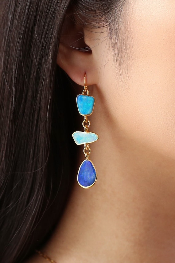 Australian Opal Dangle Earrings: Asymmetrical, Gold-Filled or Sterling Silver