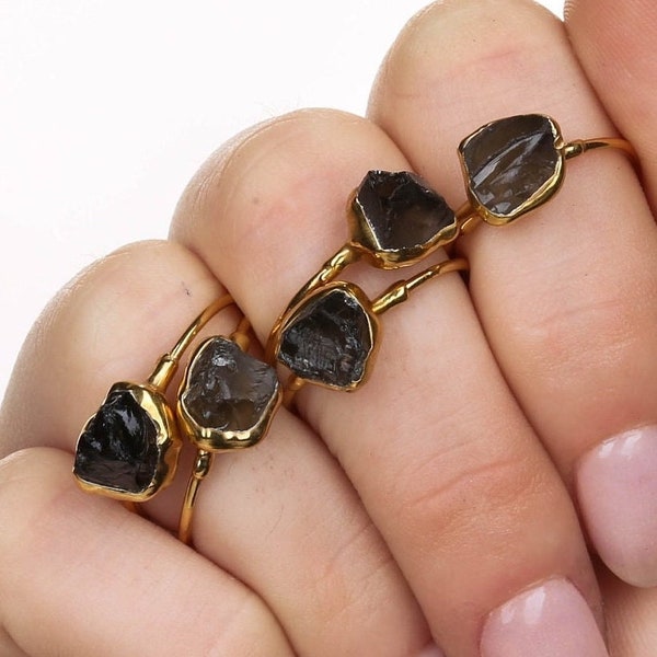 Raw Smoky Cognac Quartz Ring • Gold Filled • January Birthstone • Witchy Fall Crystal Jewelry • Unique Gemstone Stacking Rings • 24k Dip