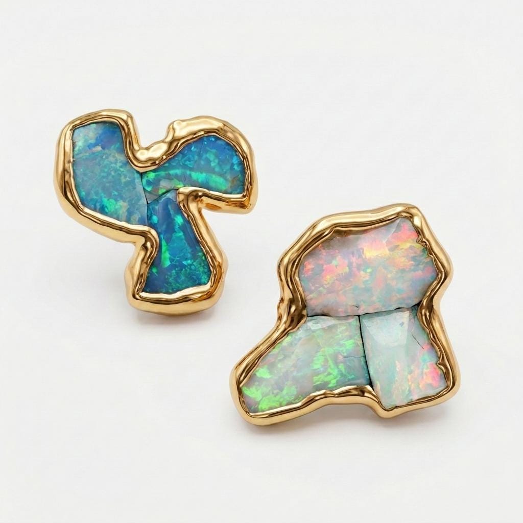 Mismatched Raw Opal Cluster Earrings - 24k Gold Filled
