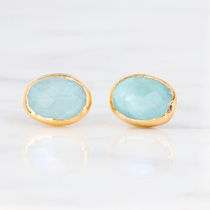 Oval Aquamarine Earrings Gold Filled Minimalist Stud Earrings Perfect Bridal Earrings or Mother of Bride Gift Something Blue image 2