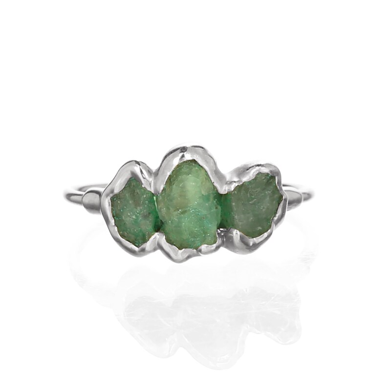 Triple Raw Emerald Ring, Sterling Silver Ring, Raw Stone Ring, May Birthstone Ring, Gemstone Ring, Raw Crystal Ring, Delicate Ring, Boho image 4