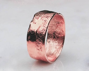 7mm Textured Cigar Band • Unique Rustic Hammered Mens Ring • Chunky Wide Byzantine Wedding Band • Sterling Silver with Rose Gold Dip