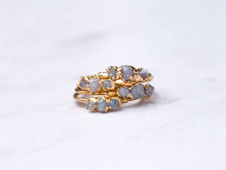 Multi Stone Raw Diamond Ring Gold Filled Alt Engagement Ring Three Cluster Gemstones April Birthstone 24k Dip Handmade image 5