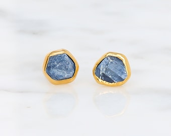 Dainty Raw Sapphire Earrings, Gold Delicate Earrings, September Birthstone, Minimalist Gift for Women, Tiny Stud Earrings, Sapphire Jewelry