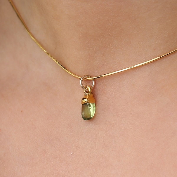 Peridot Choker • Raw Gemstone Crystal Necklace • Gold Fill Snake Chain • Dainty Small Stone • August Peridot Birthstone Jewelry • 14 inch