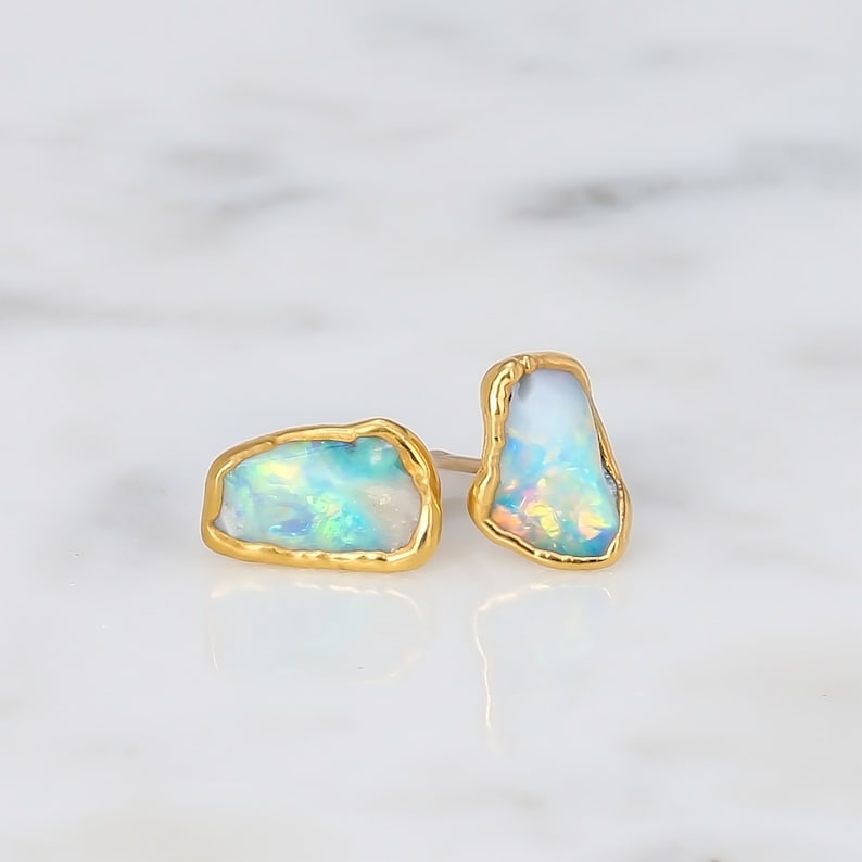 Opal Earrings Raw Australian Opal Studs Genuine Fire Opal Jewelry Unique October Birthstone Gift Boho Fall Jewelry Ringcrush image 5