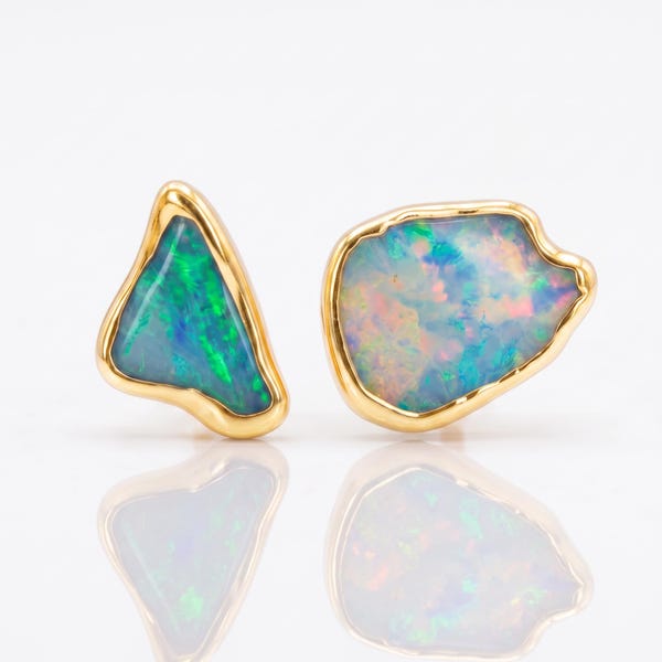Mismatched Raw Opal Earrings - Asymmetrical Studs - 24k Gold Filled