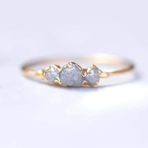 Raw Diamond Ring - Three Stone Cluster - 24k Gold Filled