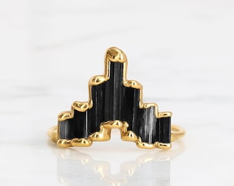 Gold Art Deco Black Tourmaline Ring: Handmade Statement Jewelry