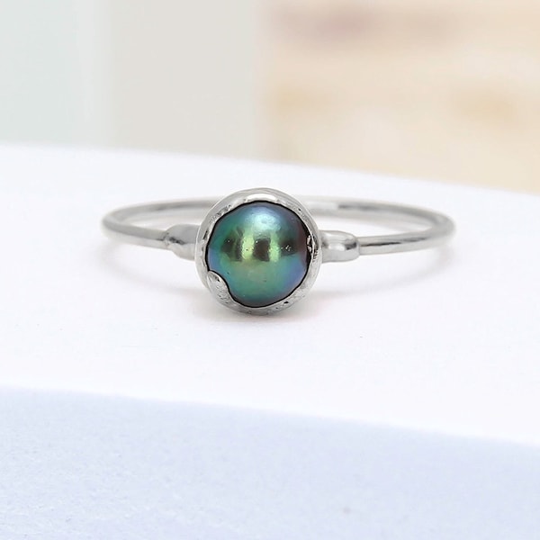 Dainty Peacock Pearl Ring - Sterling Silver