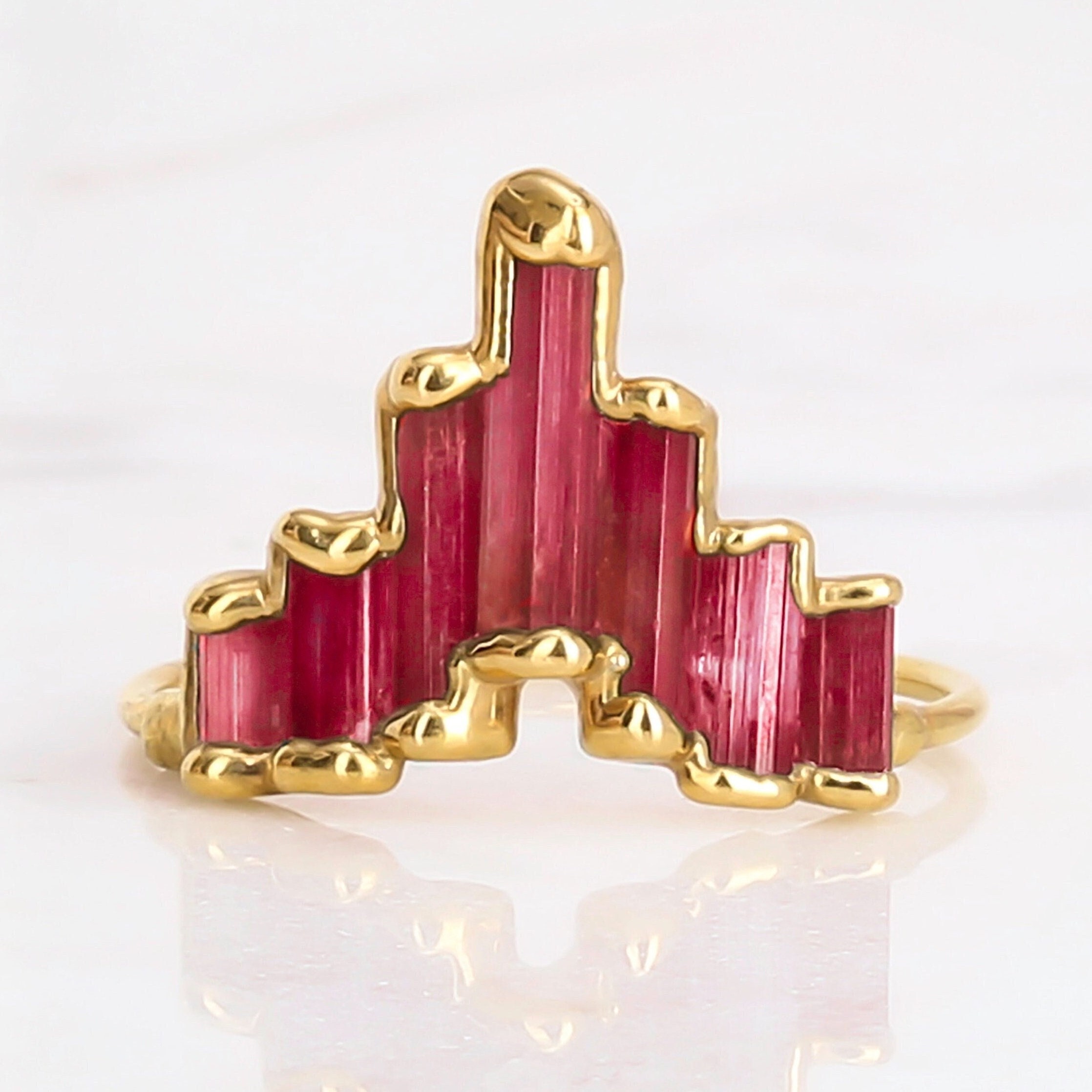 Art Deco Pink Tourmaline Ring for Women • Large Contour Wedding Band • Ruby Color • Raw Gemstone Crystal • Gold Geometric Fall Jewelry