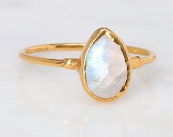 Pear Moonstone Ring • Gold Filled • Witchy Fall Jewelry • Celestial Goth Jewelry •  Zodiac Sign Gift • Gemini • June Birthstone • 24k Dip