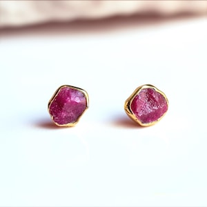 Mini Raw Ruby Earrings • Gold Filled • July Birthstone • Unique Minimalist Gift • Tiny Dainty Gemstone Studs • Whimsigoth Style • 24k Dip