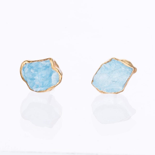 New Aquamarine Stud Earrings  • Fall Jewelry • Something Blue • March Birthstone Earrings for Women • Raw Crystal Gemstone • by Ringcrush