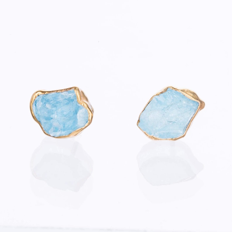 New Aquamarine Stud Earrings Fall Jewelry Something Blue March Birthstone Earrings for Women Raw Crystal Gemstone by Ringcrush image 1