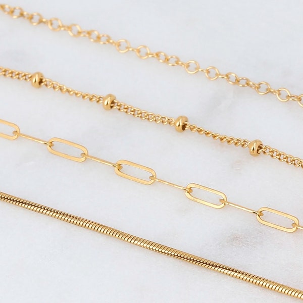 14k Layering Chains, Gold Filled Necklace, Paperclip, Cable, Snake, or Beaded Satellite Chain, Tarnish Free & Hypoallergenic, Chain Only