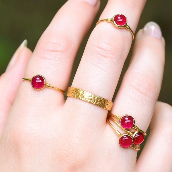 Dainty Ruby Ring, Created Ruby, Gold Minimalist Ring, Simple Ruby Engagement Ring, July Birthstone Ring, Stackable Zodiac Ring, • 24k Dip