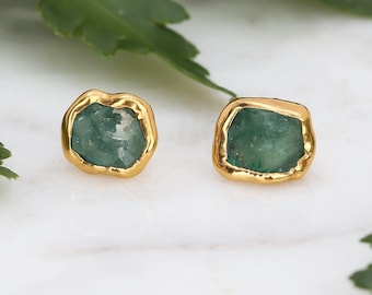 Dainty Raw Emerald Earrings • May Birthstone Gift • Genuine Natural Emerald • Handmade Antique Style Crystal Jewelry • 24k Dip • Handmade