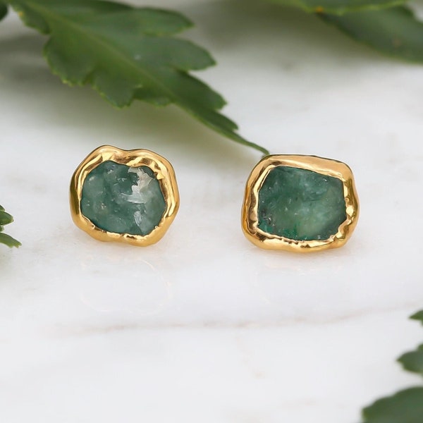 Dainty Raw Emerald Earrings • May Birthstone Gift • Genuine Natural Emerald • Handmade Antique Style Crystal Jewelry • 24k Dip • Handmade