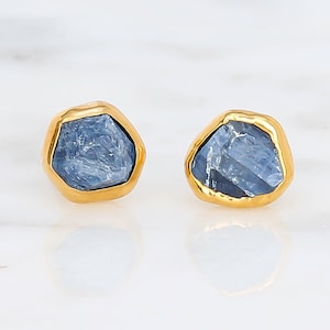 Dainty Raw Sapphire Earrings Gold Filled Delicate September Birthstone Stud Earrings Virgo Gift 24k Dip Handmade image 1