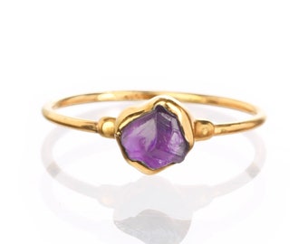 Dainty Raw Amethyst Ring • Gold Filled • February Birthstone • Purple Gemstone • Witchy Fall Crystal Jewelry • Handmade Jewelry • 24k Dip