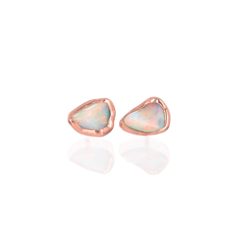 Mini Raw Opal Earrings by Ringcrush 24k Dip Gold Fill Black Australian Fire Opal Cute Mismatched Minimalist Studs October Birthstone image 4