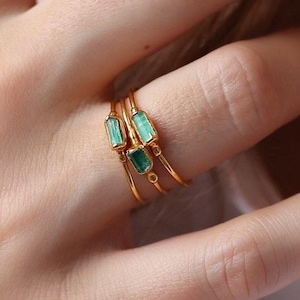 Panjshir Raw Emerald Baguette Ring • Gold Filled • Alt Engagement Ring • Genuine Gemstone Crystal Jewelry • Minimalist and Dainty  • 24k Dip