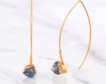 Edgy Raw Sapphire Earrings for Women, Gold Statement Earrings, Unique Gift for Her, September Birthstone, Dangle Earrings, Sapphire Jewelry