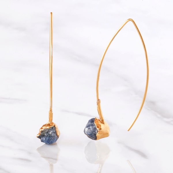 Edgy Raw Sapphire Earrings for Women, Gold Statement Earrings, Unique Gift for Her, September Birthstone, Dangle Earrings, Sapphire Jewelry