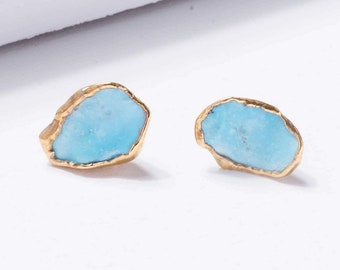 Large Raw Turquoise Earrings • Gold Filled Studs • December Birthstone • Whimsigoth • Something Blue • Perfect Bridesmaid Gift • 24k Dip