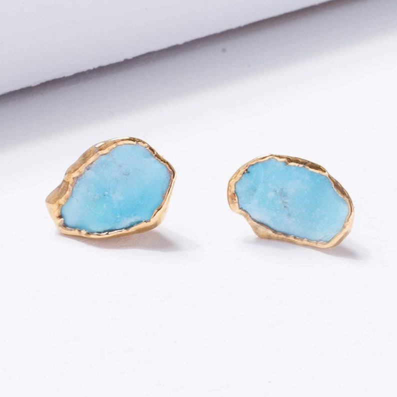 Large Raw Turquoise Earrings Gold Filled Studs December Birthstone Whimsigoth Something Blue Perfect Bridesmaid Gift 24k Dip image 1