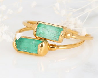 Panjshir Raw Emerald Baguette Ring • Gold Filled • Alt Engagement Ring • Genuine Gemstone Crystal Jewelry • Minimalist and Dainty  • 24k Dip