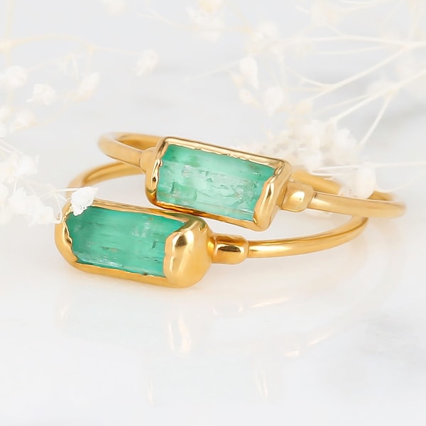 Panjshir Raw Emerald Baguette Ring • Gold Filled • Alt Engagement Ring • Genuine Gemstone Crystal Jewelry • Minimalist and Dainty  • 24k Dip