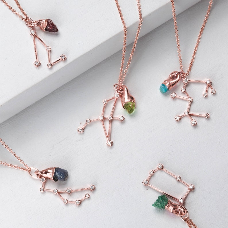 Rose Gold Dainty Zodiac Necklace, Constellation Jewelry, Personalized Jewelry, Raw Gemstone Necklace, Constellation Necklace 