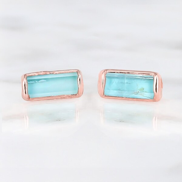 Raw Aquamarine Crystal Stud Earrings - Rose Gold Filled