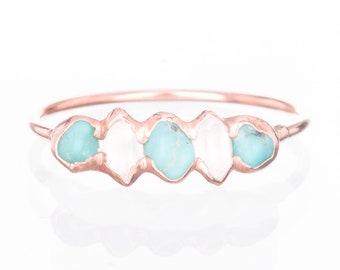 Multi Raw Turquoise Ring, Rose Gold Rough Gemstone Ring, Dainty Turquoise Ring, Stacking Ring, Raw Eternity Band, December Birthstone Ring