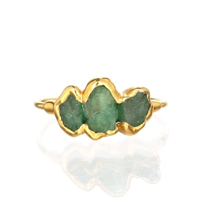 Triple Raw Emerald Ring Gold Filled May Birthstone Handmade Jewelry Genuine Natural Gemstone Best Friend Gift Antique Style image 5